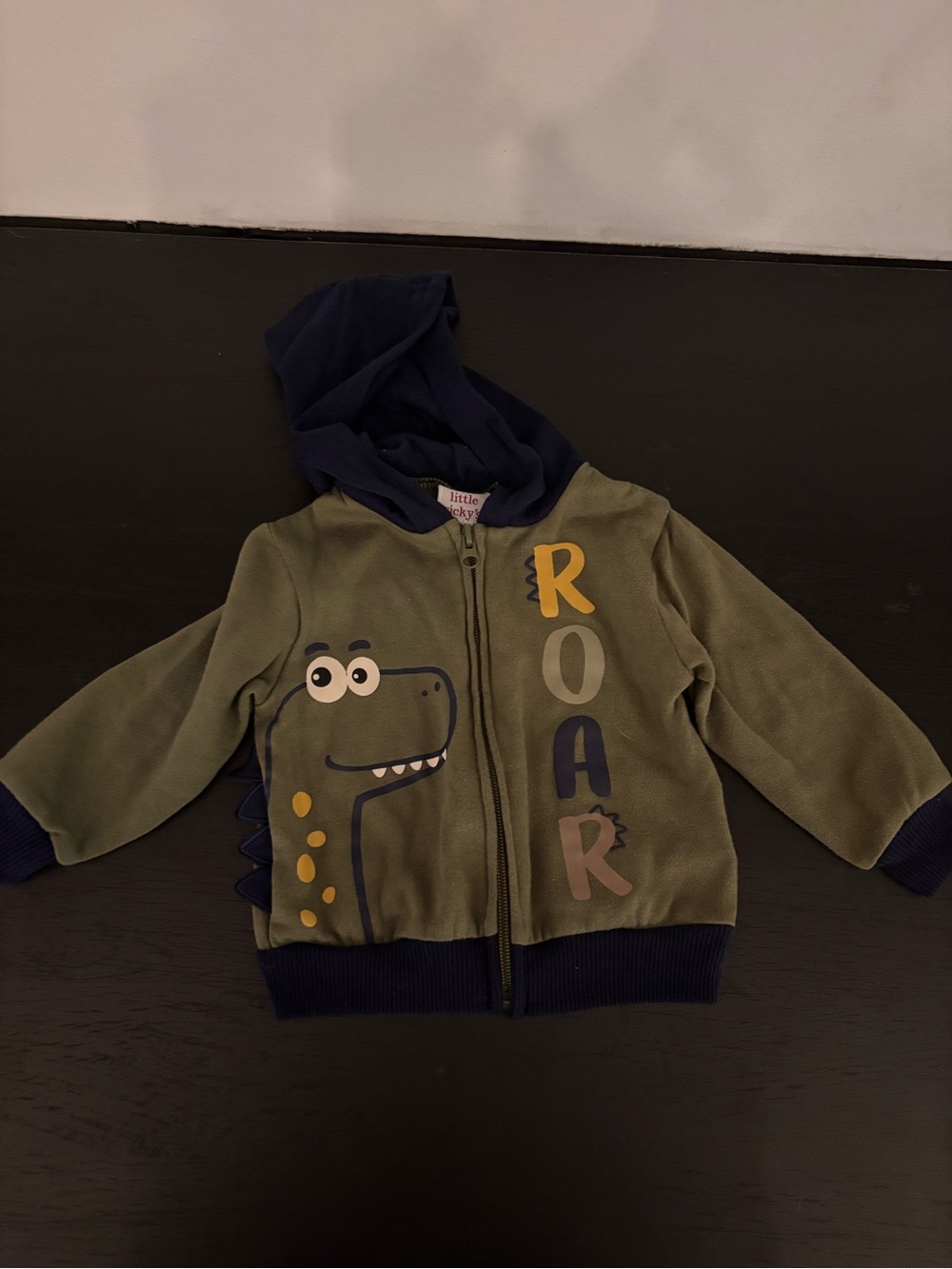 Kids Olive Green & Navy 'Roar' Dinosaur Zip Hoodie